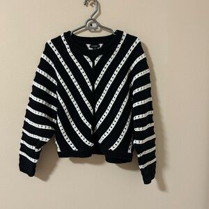 Halogen Black and White Striped Crew Neck Sweater